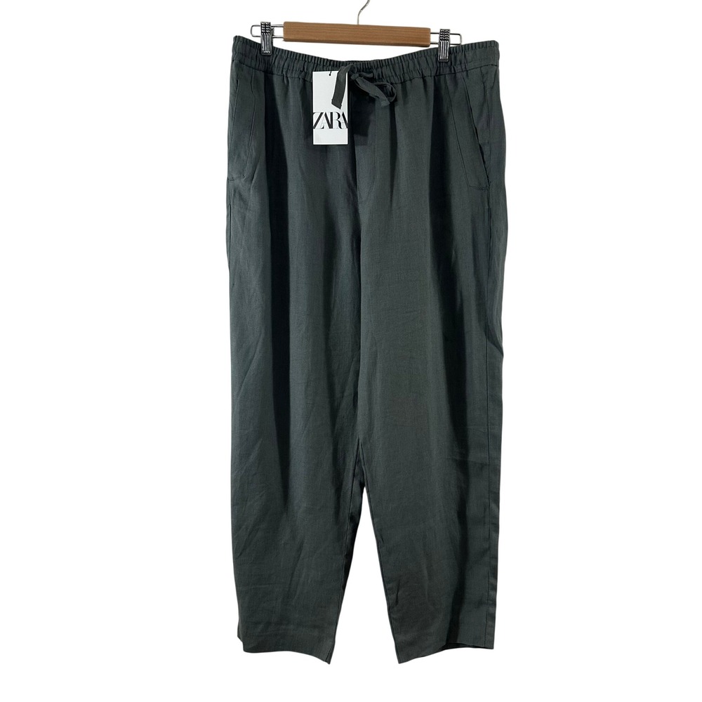 Zara Womens 100% Linen Pants Dark Grey Elastic Drawstring Straight Leg Large NEW